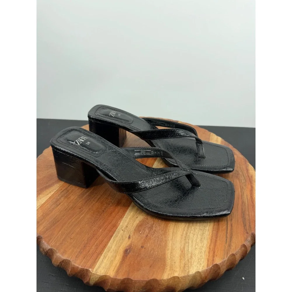 Zara Block Heel Thong Sandals Women 38 7 Black Square Toe Mules 3351/310/800
